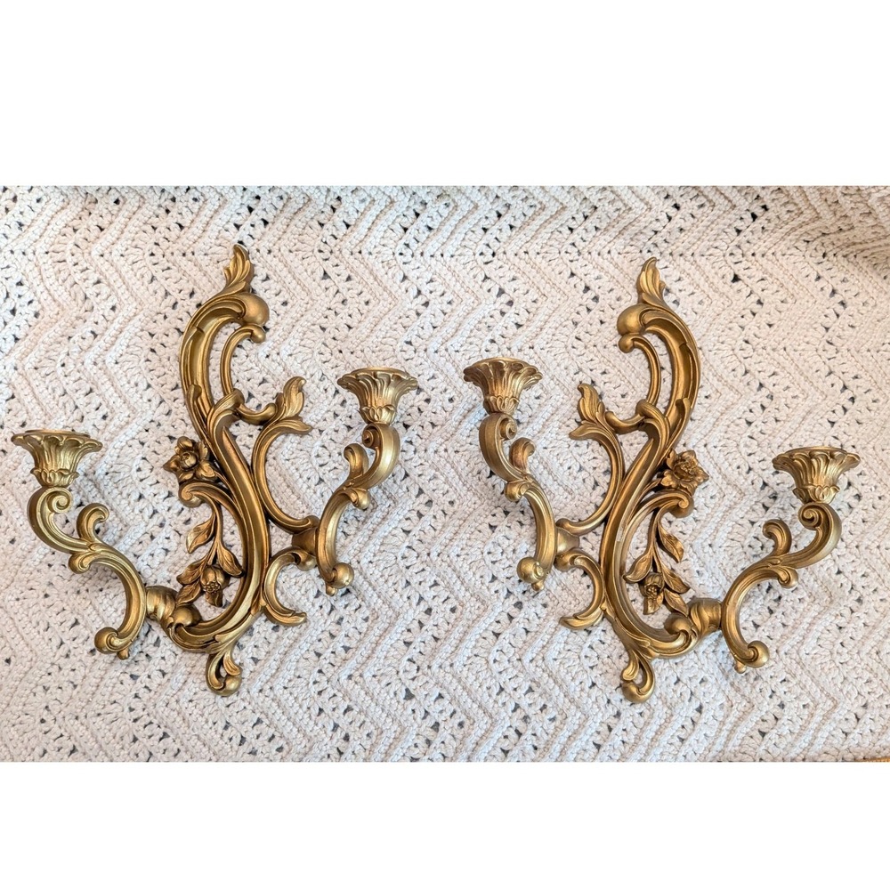 Vintage Dart Industries Gold Wall Sconces Pair Hollywood Regency Floral 3931 USA